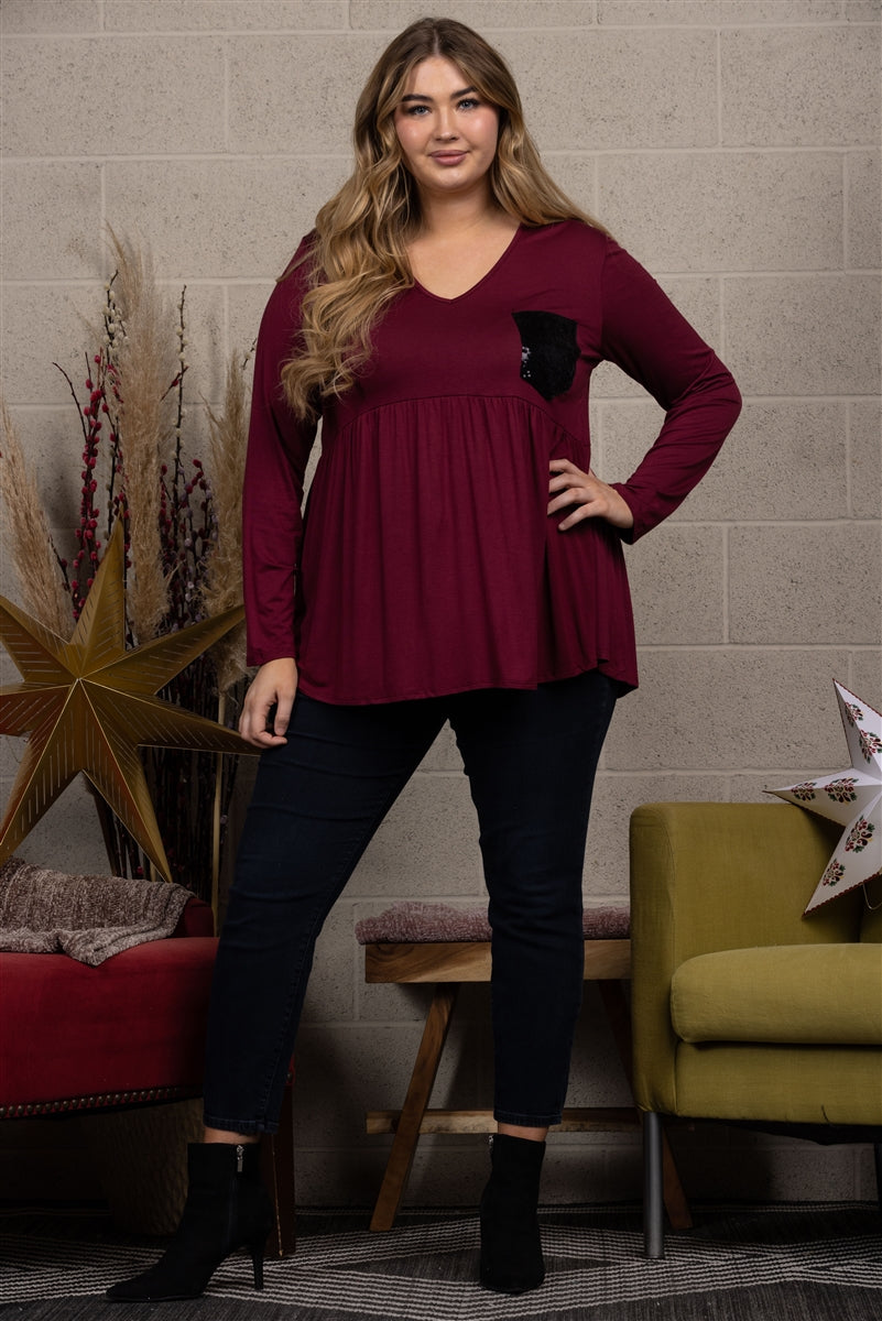 BURGUNDY/BLACK SEQUINCE PATCH POCKET PLUS SIZE TOP ST2134SX