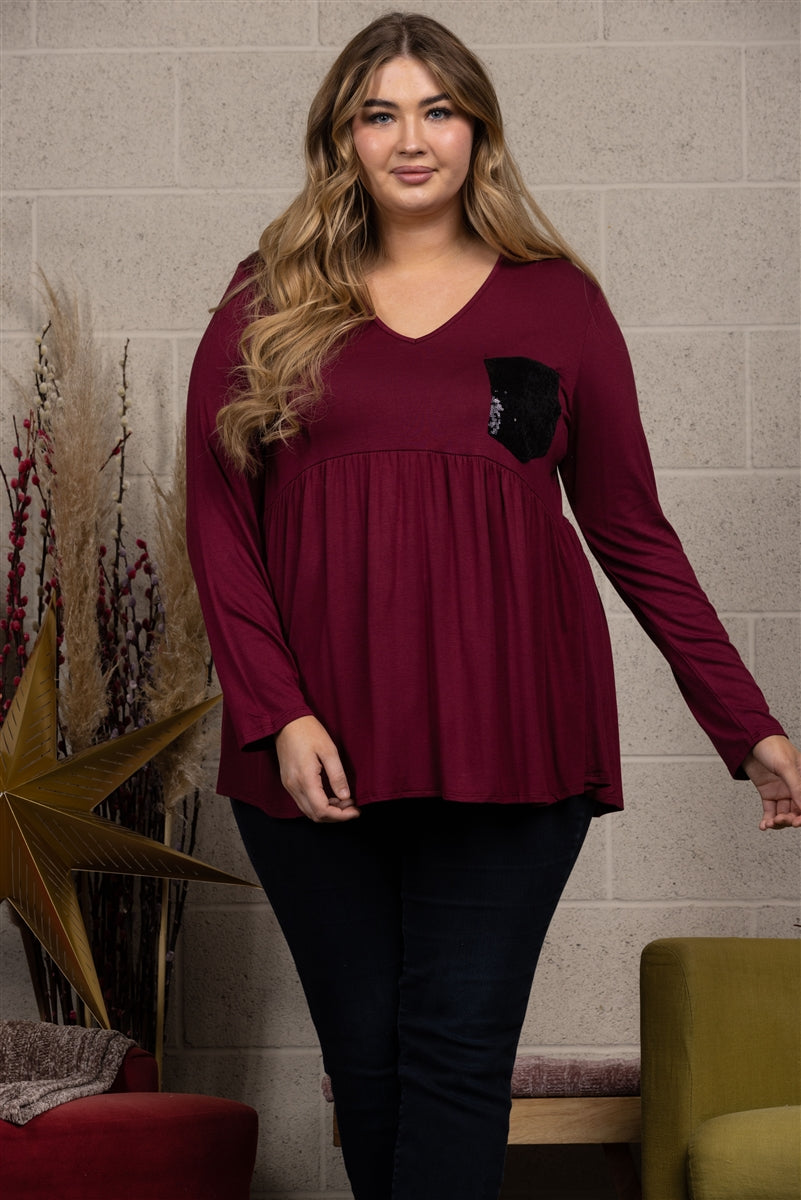 SEQUINCE PATCH POCKET PLUS SIZE TOP