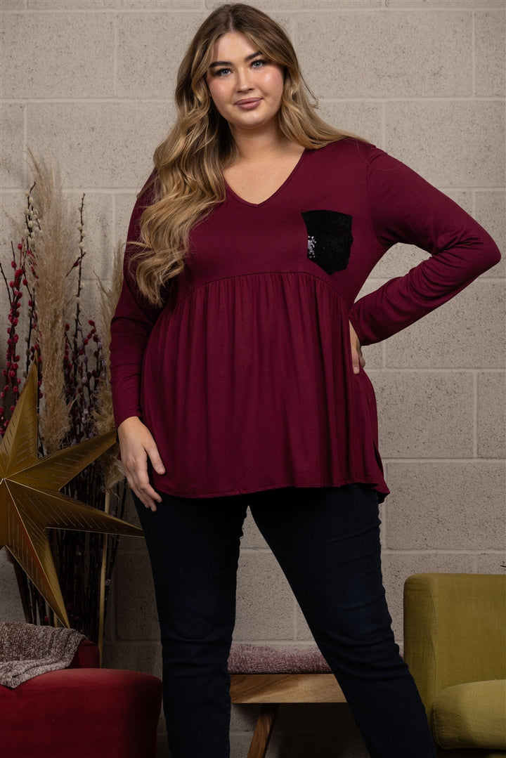 SEQUINCE PATCH POCKET PLUS SIZE TOP