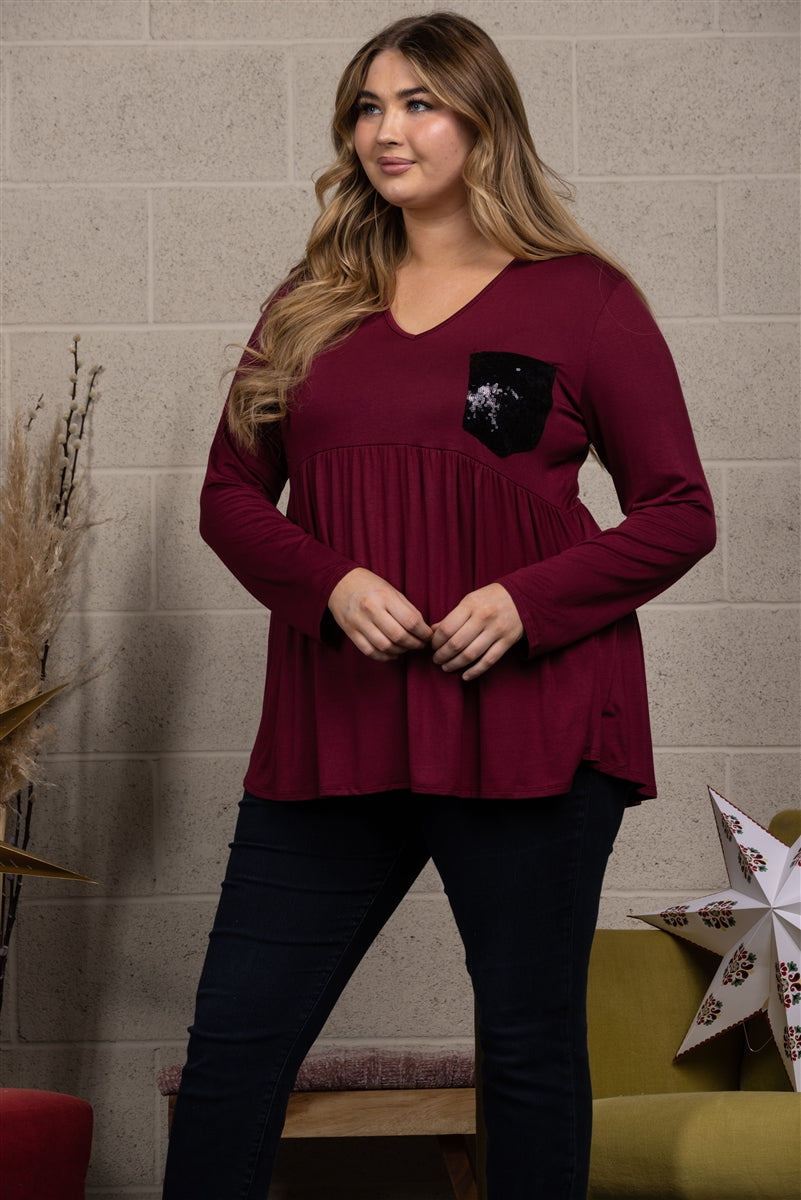 SEQUINCE PATCH POCKET PLUS SIZE TOP