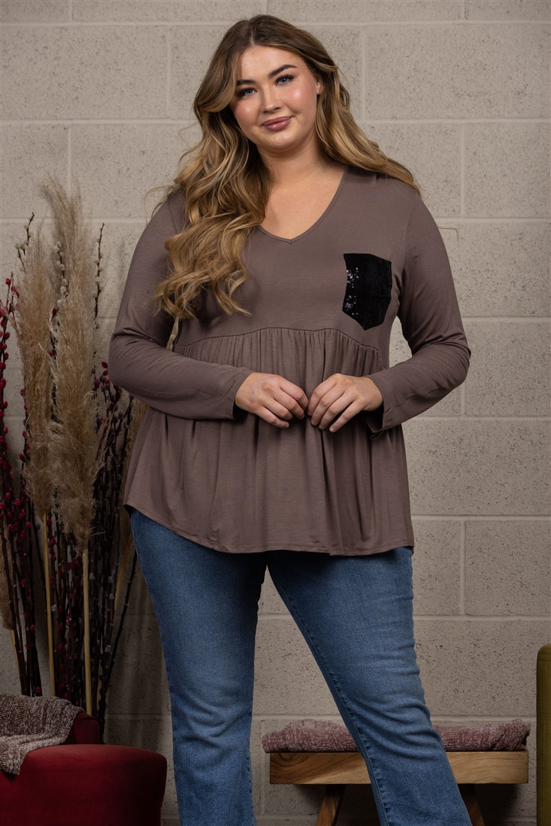 MOCHA/BLACK SEQUINCE PATCH POCKET PLUS SIZE TOP ST2134SX (2/1X,1/2X,2/3X)