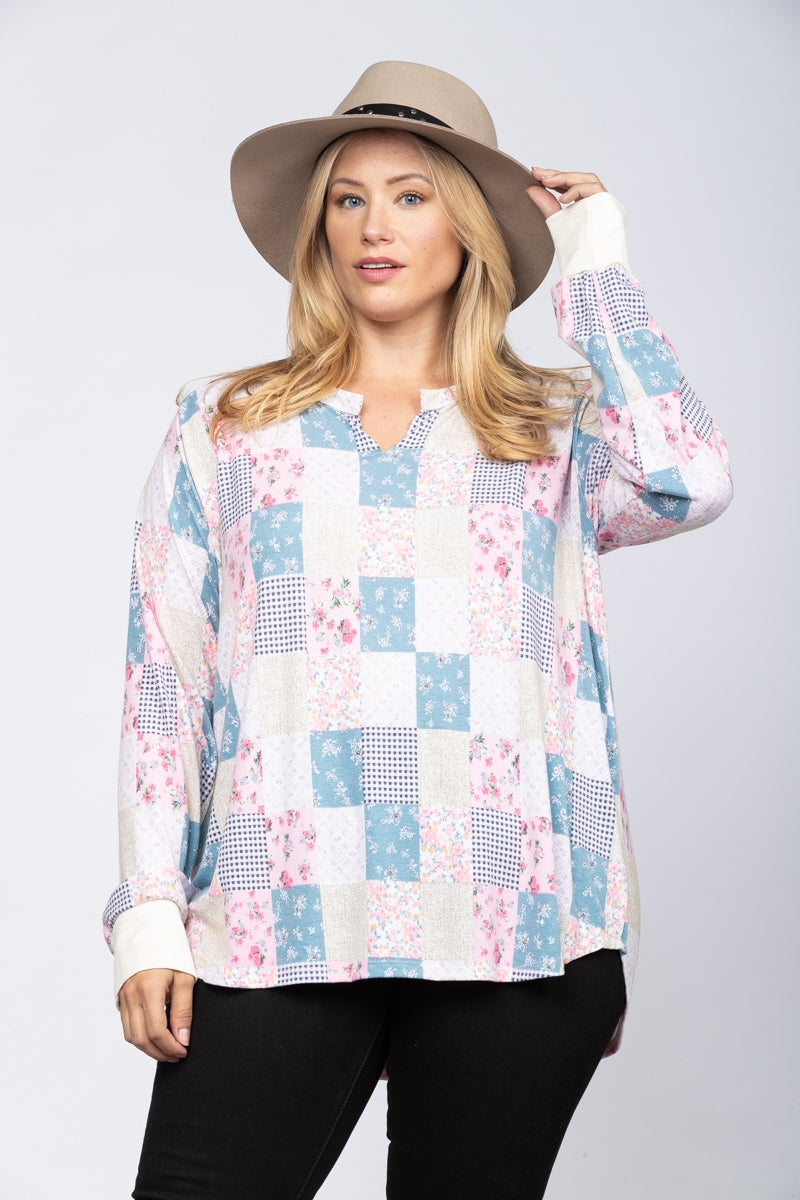 IVORY FLORAL PATCHWORK OVERSIZE PLUS SIZE TOP-TP1936