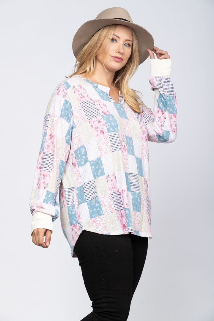 IVORY FLORAL PATCHWORK OVERSIZE PLUS SIZE TOP-TP1936