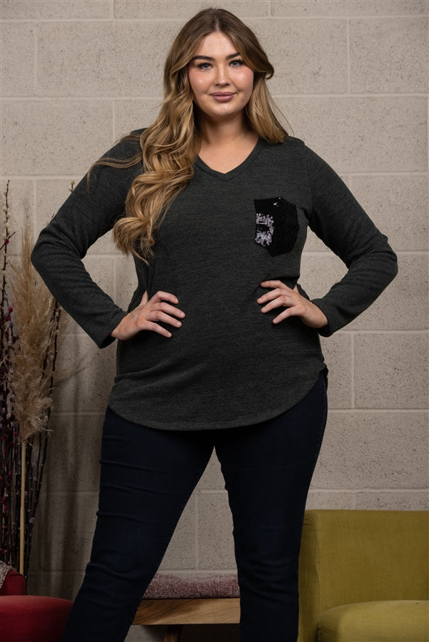 SEQUINS PATCH POCKET KNIT PLUS SIZE TOP ST1442