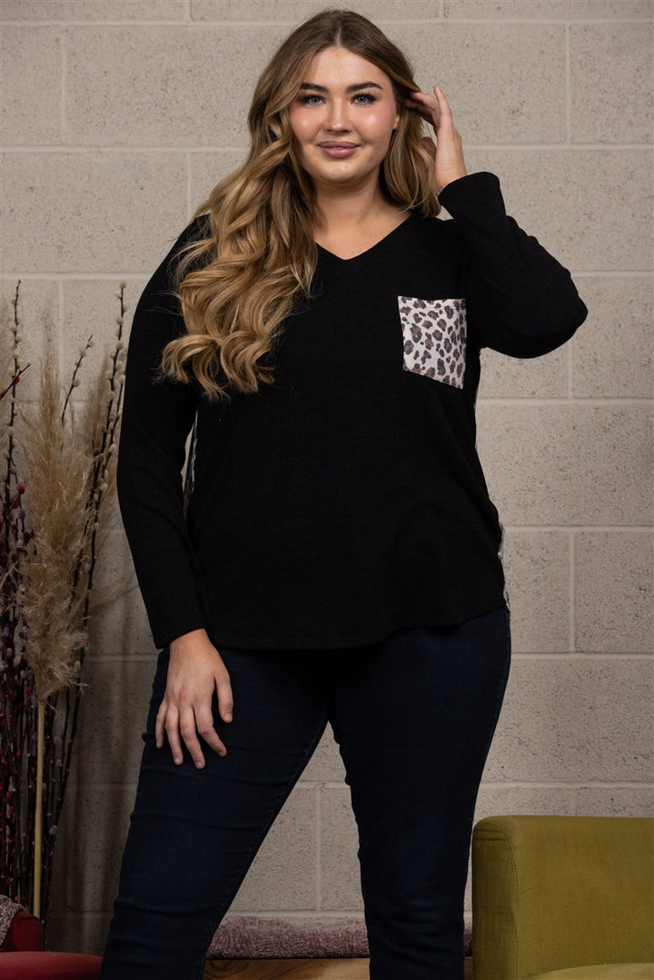 BLACK LEOPARD PRINT CONTRAST LONG SLEEVES KNIT PLUS SIZE TOP-ST1792