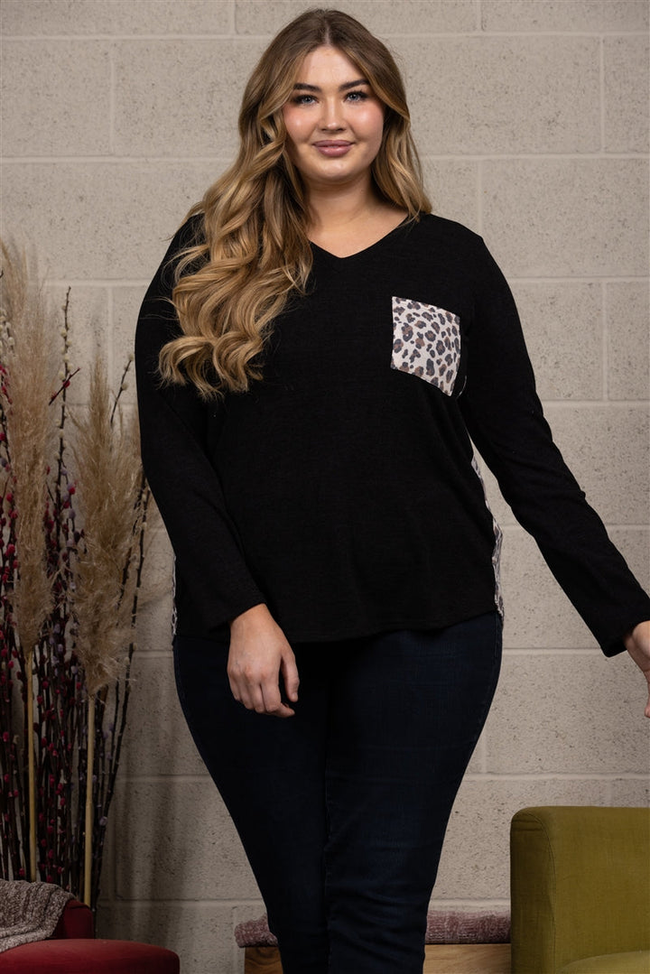 BLACK LEOPARD PRINT CONTRAST LONG SLEEVES KNIT PLUS SIZE TOP-ST1792