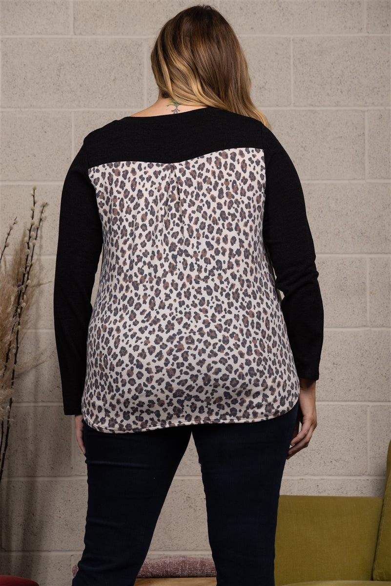 BLACK LEOPARD PRINT CONTRAST LONG SLEEVES KNIT PLUS SIZE TOP-ST1792