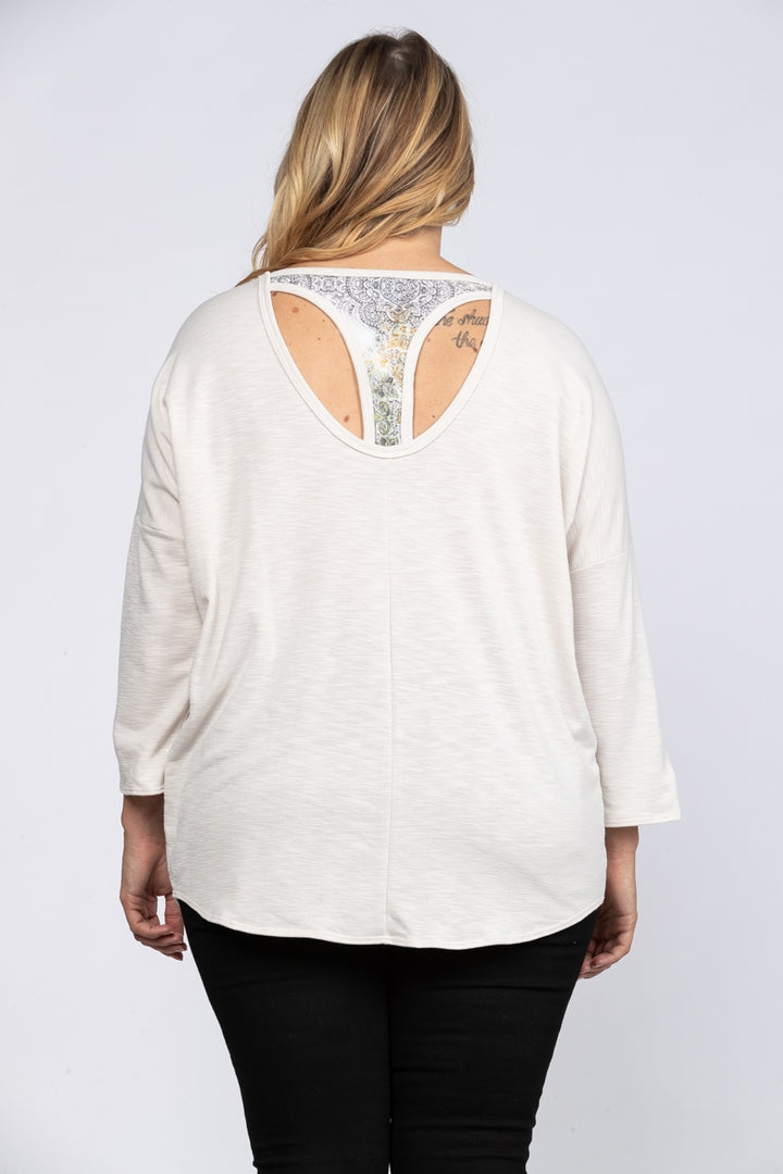 IVORY RACER BACK PRINT CONTRAST SLUB-KNIT PLUS SIZE TOP-B5525X