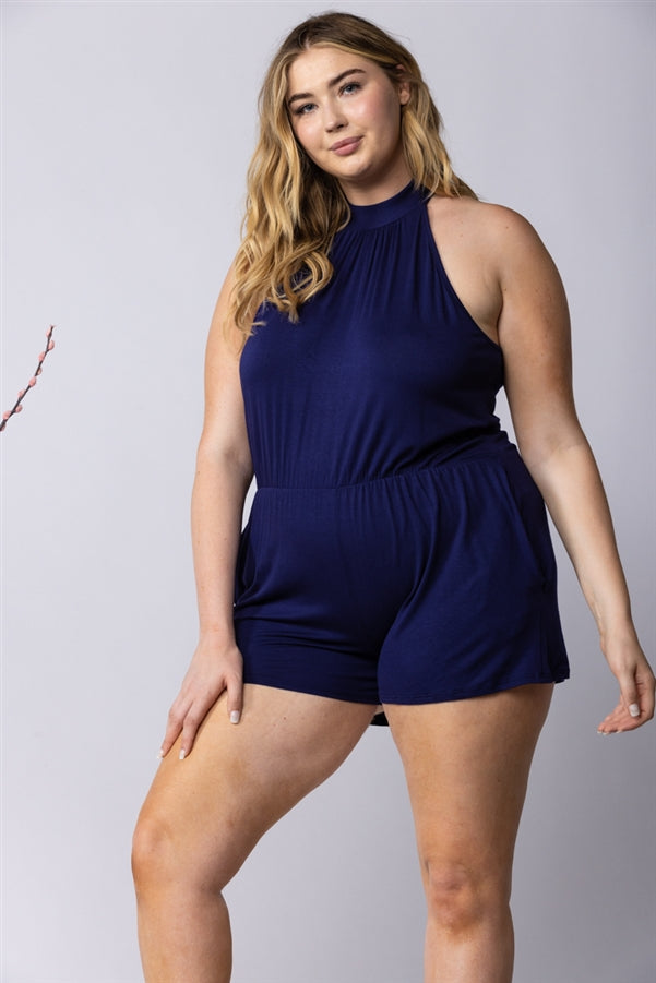 NAVY BLUE HALTER NECK SIDE POCKETS PLUS SIZE ROMPER-SP1013SX