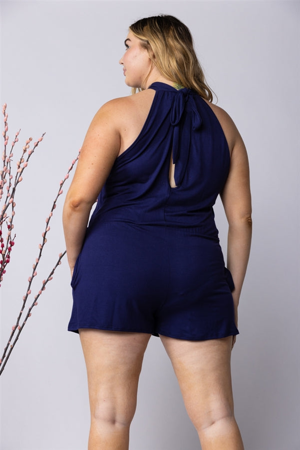 NAVY BLUE HALTER NECK SIDE POCKETS PLUS SIZE ROMPER-SP1013SX