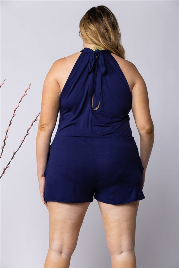 NAVY BLUE HALTER NECK SIDE POCKETS PLUS SIZE ROMPER-SP1013SX