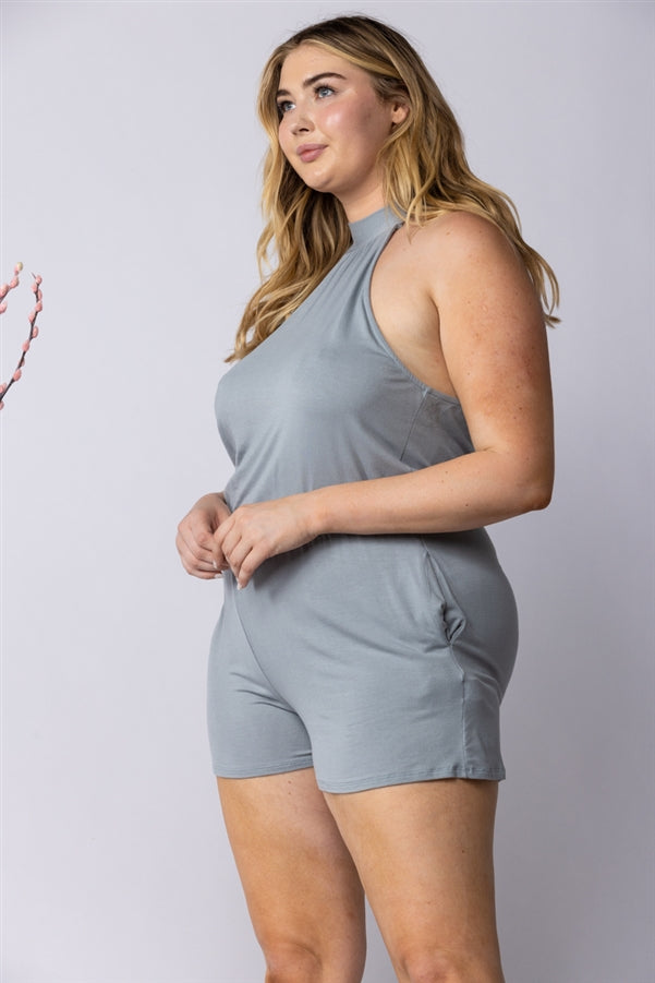 GREY HALTER NECK SIDE POCKETS PLUS SIZE ROMPER-SP1013SX