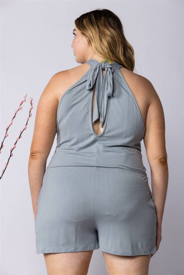 GREY HALTER NECK SIDE POCKETS PLUS SIZE ROMPER-SP1013SX