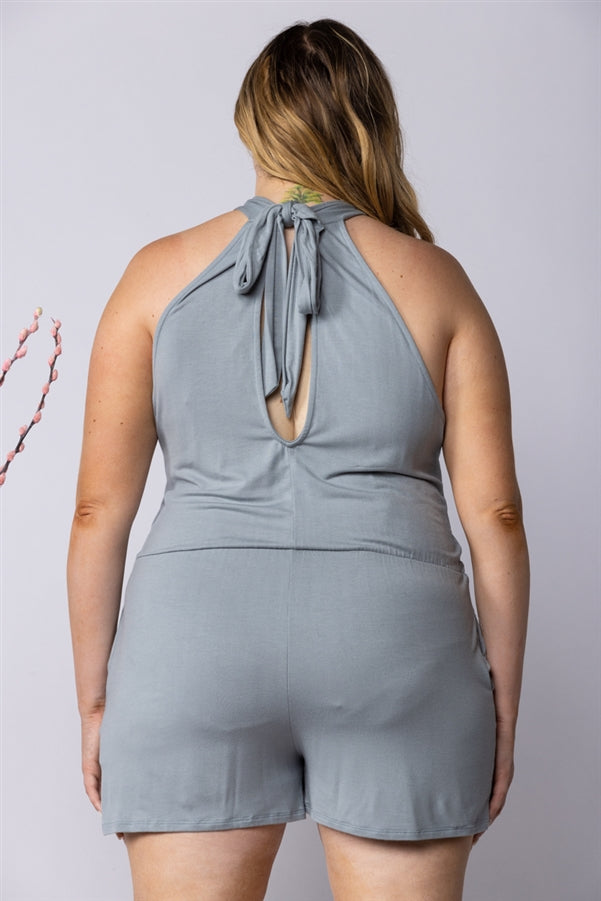 GREY HALTER NECK SIDE POCKETS PLUS SIZE ROMPER-SP1013SX