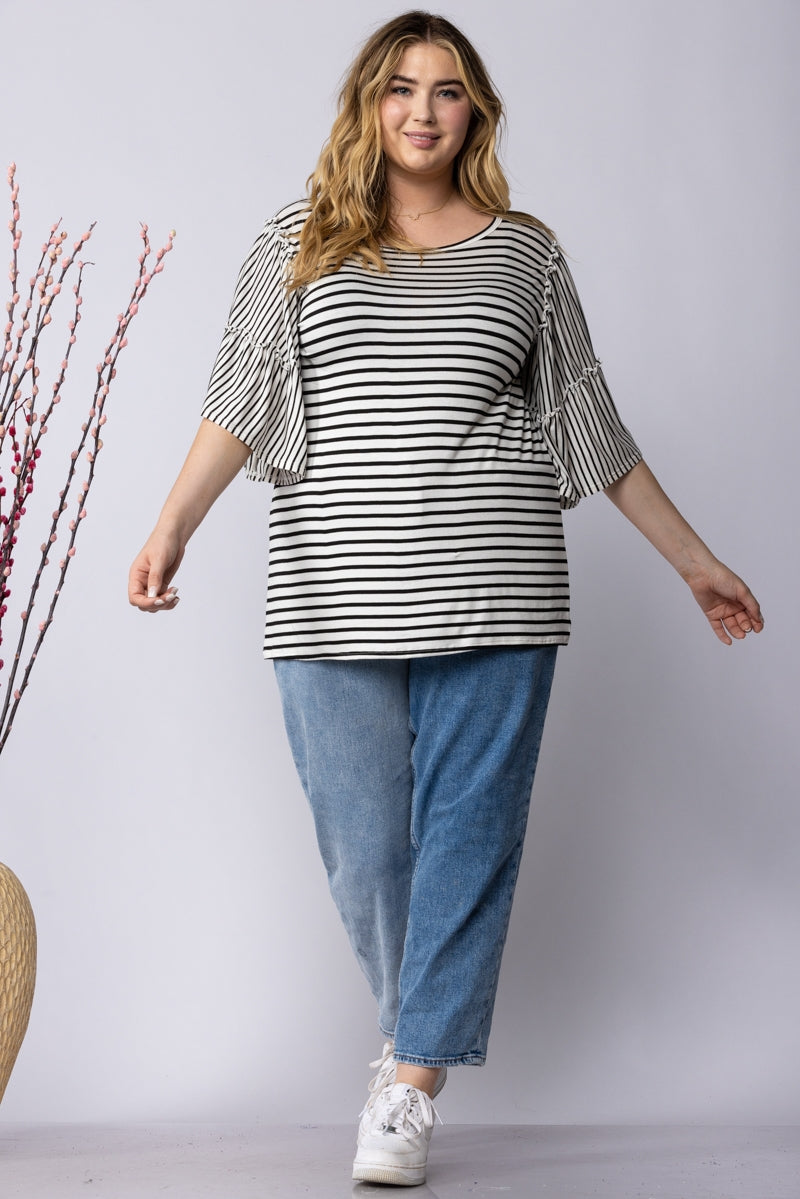 IVORY AND BLACK STRIPES PLUS SIZE TOP ET6228-10X