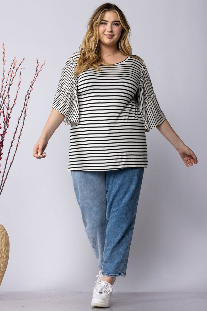 IVORY AND BLACK STRIPES PLUS SIZE TOP ET6228-10X