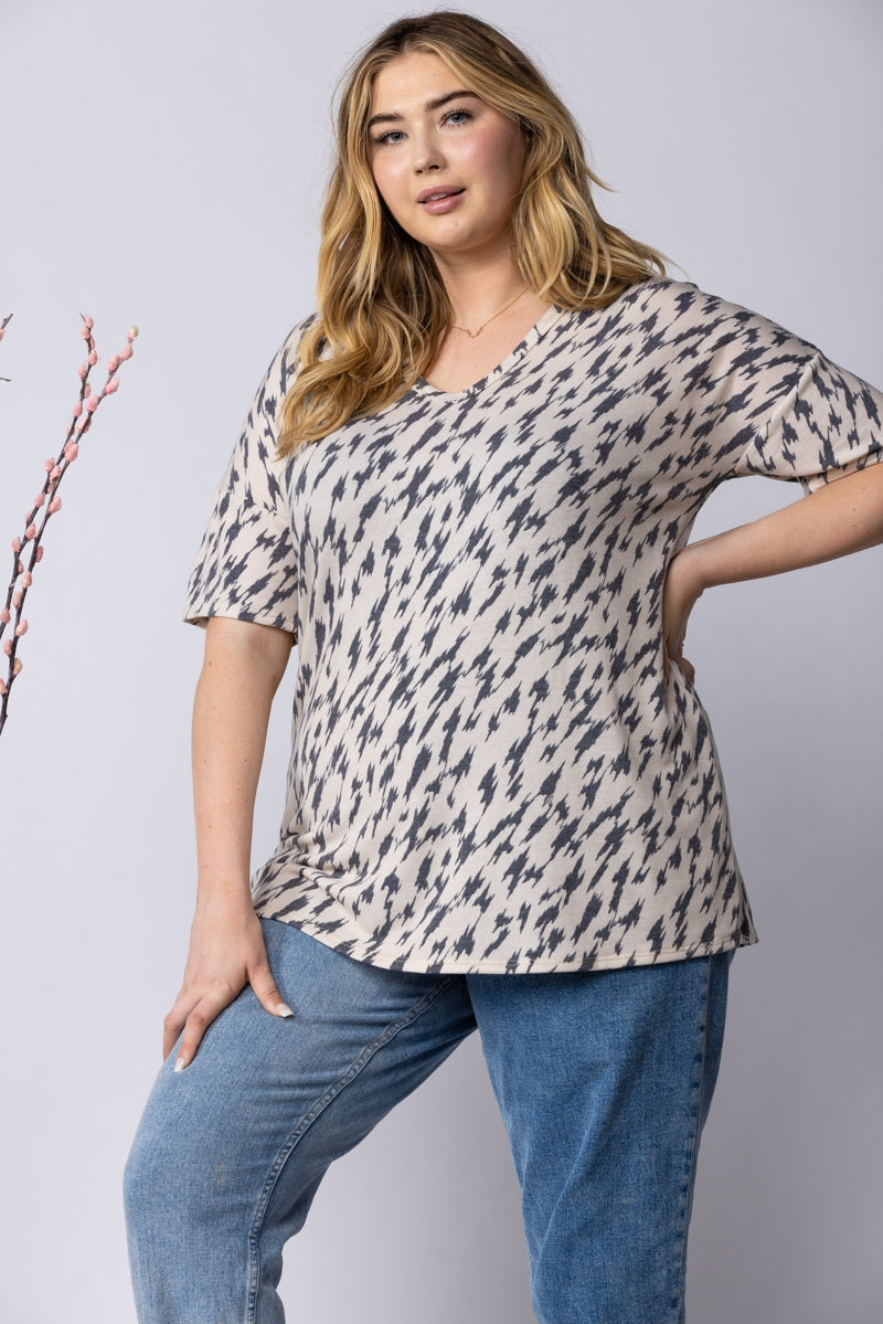 BEIGE CHARCOAL PRINT PLUS SIZE KNIT TOP ST1958-17X