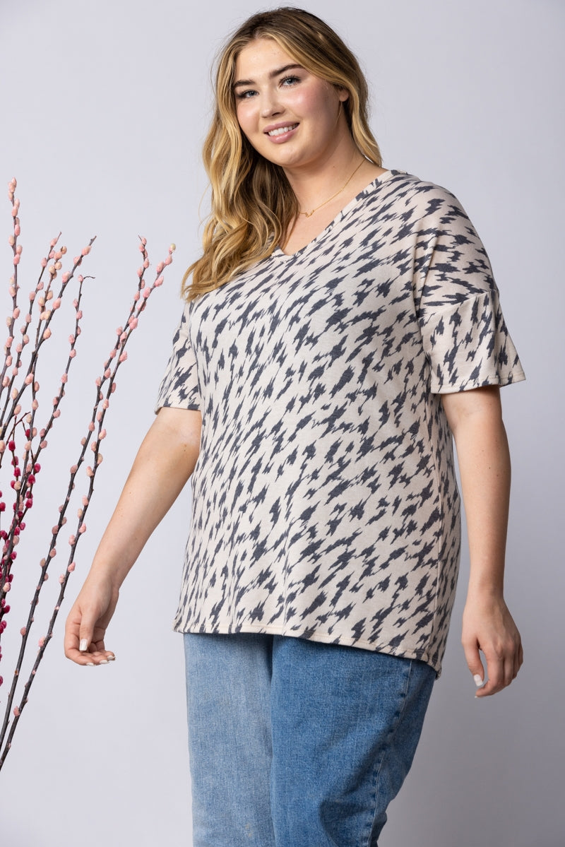 BEIGE CHARCOAL PRINT PLUS SIZE KNIT TOP ST1958-17X