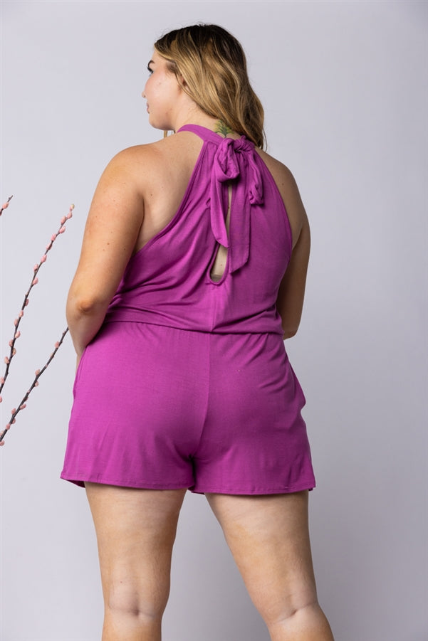 MAGENTA HALTER NECK SIDE POCKETS PLUS SIZE ROMPER-SP1013SX