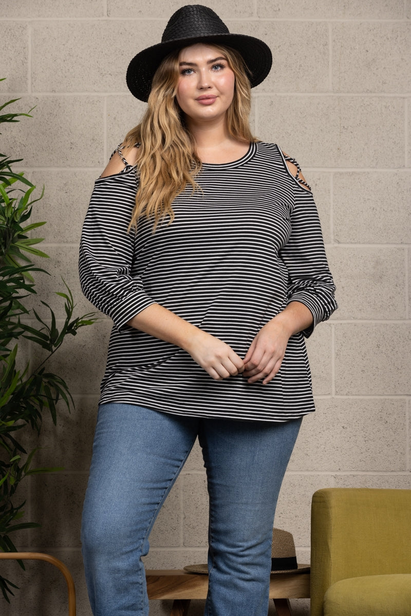 BLACK STRIPES COLD SHOULDER PLUS SIZE KNIT TOP-T3619