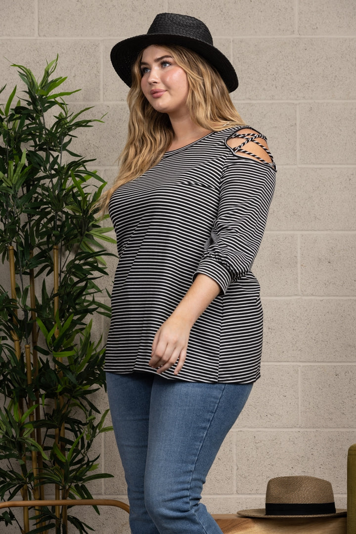 BLACK STRIPES COLD SHOULDER PLUS SIZE KNIT TOP-T3619