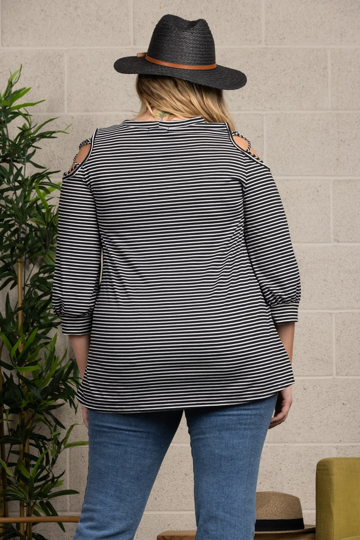 BLACK STRIPES COLD SHOULDER PLUS SIZE KNIT TOP-T3619