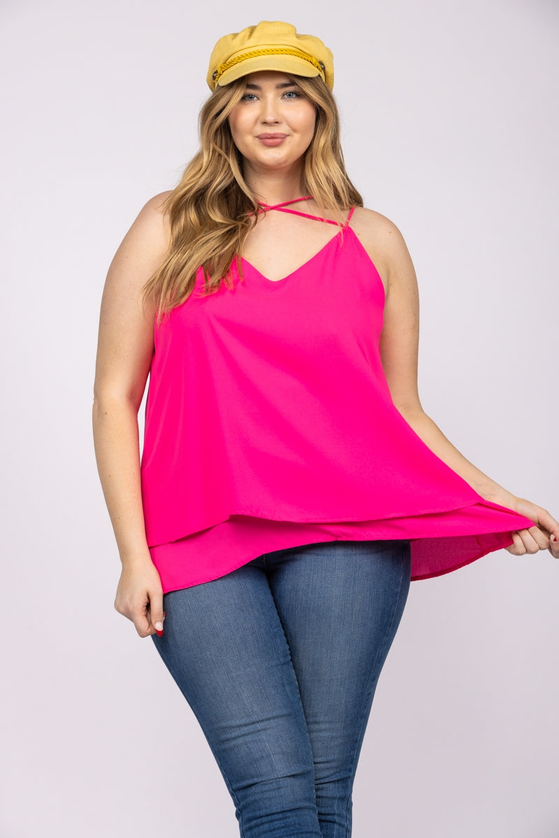 HOT CORAL CHIFFON CRISSCROSS BACK PLUS SIZE TOP-T2510