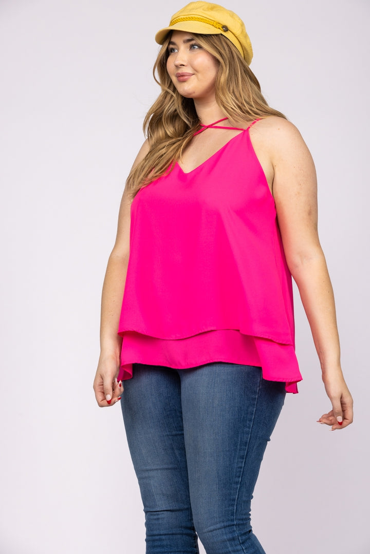 HOT CORAL CHIFFON CRISSCROSS BACK PLUS SIZE TOP-T2510