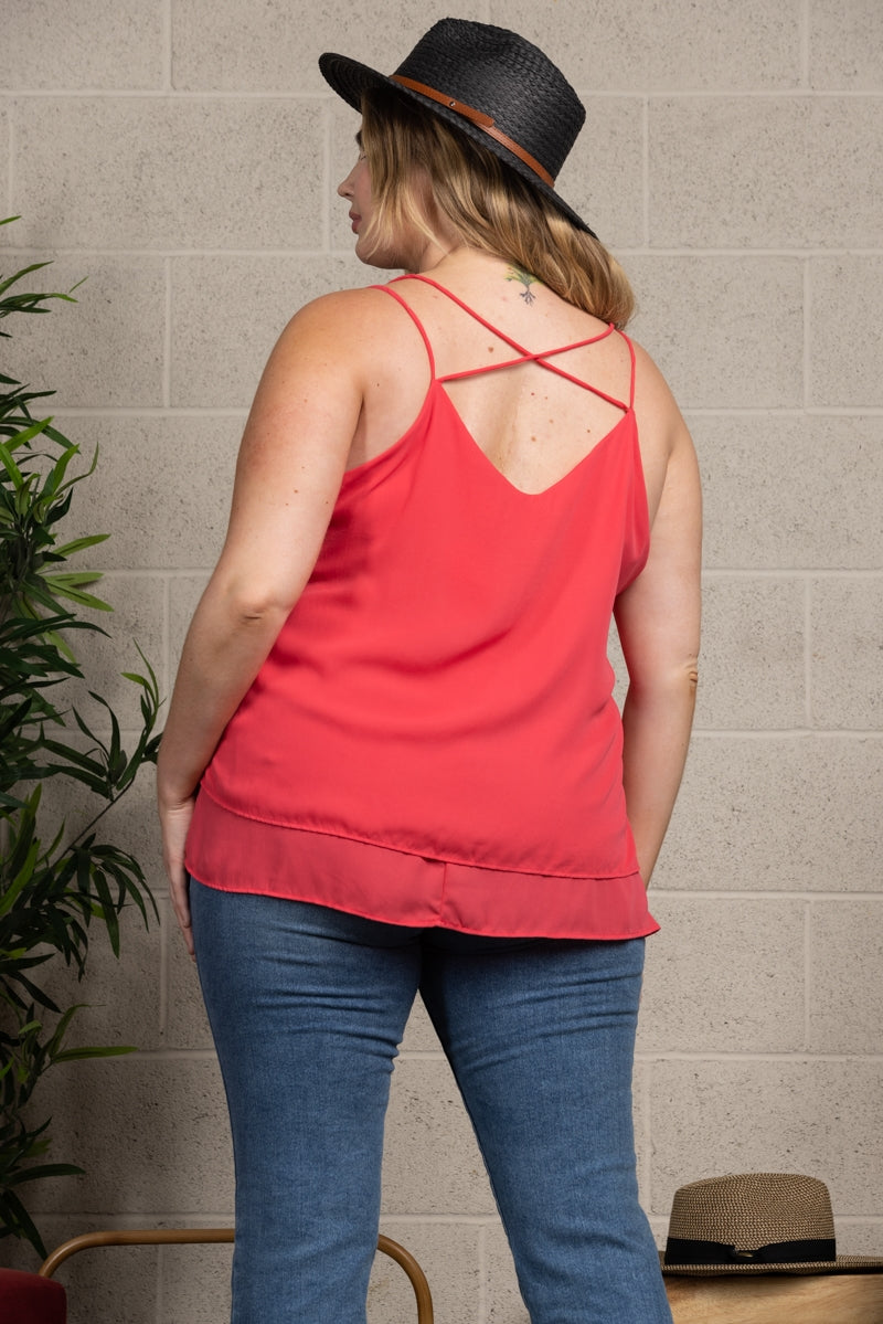 HOT CORAL CHIFFON CRISSCROSS BACK PLUS SIZE TOP-T2510