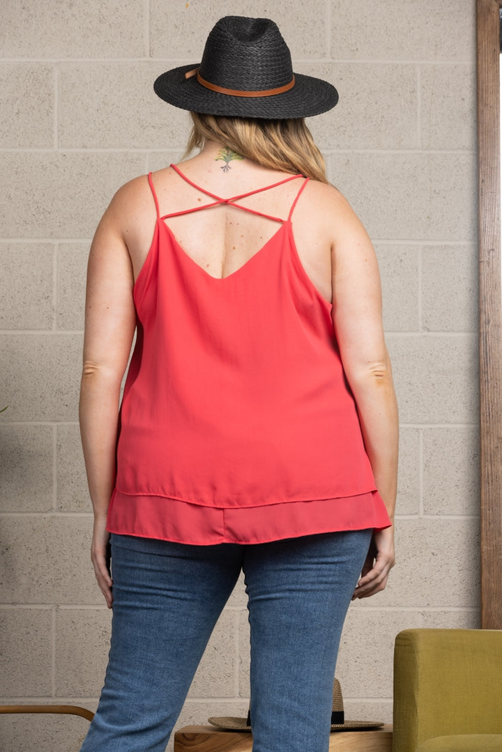 HOT CORAL CHIFFON CRISSCROSS BACK PLUS SIZE TOP-T2510