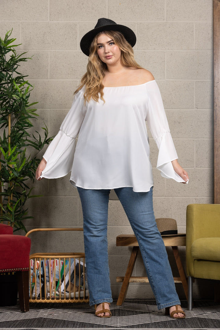 PEARL WHITE OFF SHOULDER WOVEN PLUS SIZE TOP T3108