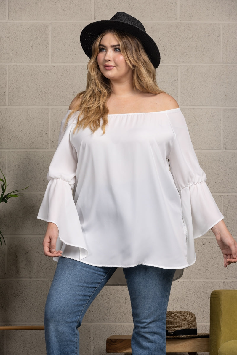 PEARL WHITE OFF SHOULDER WOVEN PLUS SIZE TOP T3108