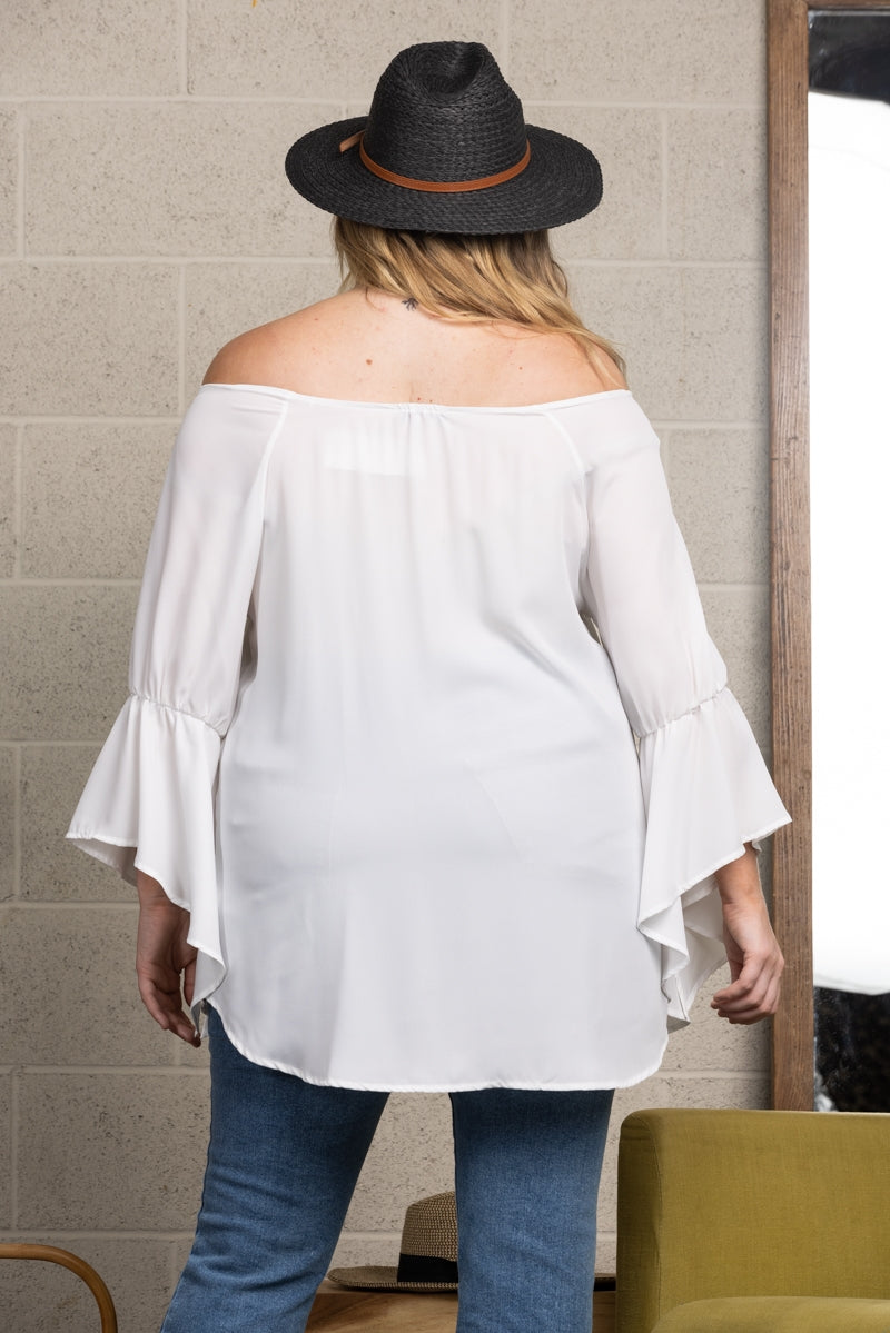 PEARL WHITE OFF SHOULDER WOVEN PLUS SIZE TOP T3108