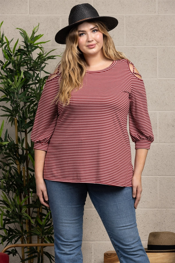 RED STRIPES COLD SHOULDER PLUS SIZE KNIT TOP-T3619