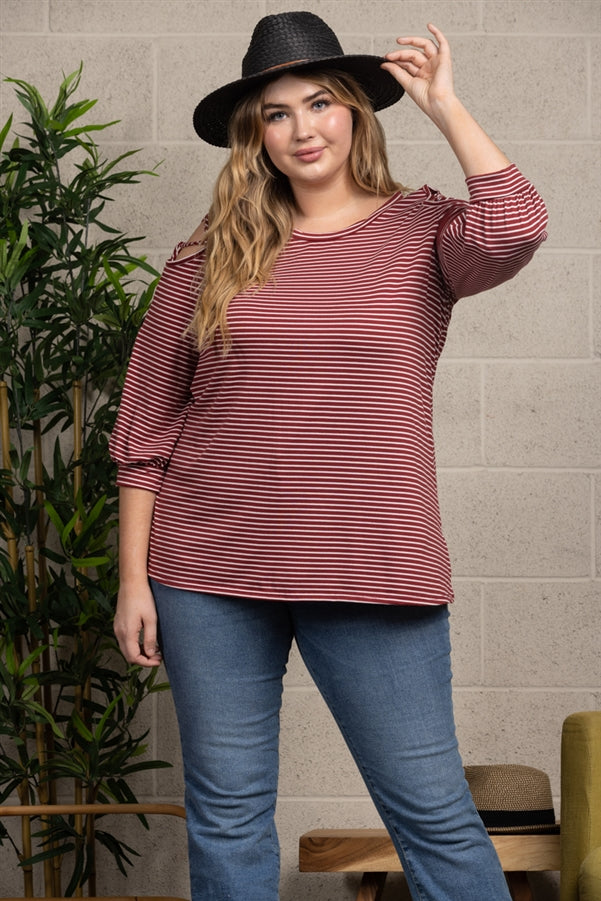 RED STRIPES COLD SHOULDER PLUS SIZE KNIT TOP-T3619