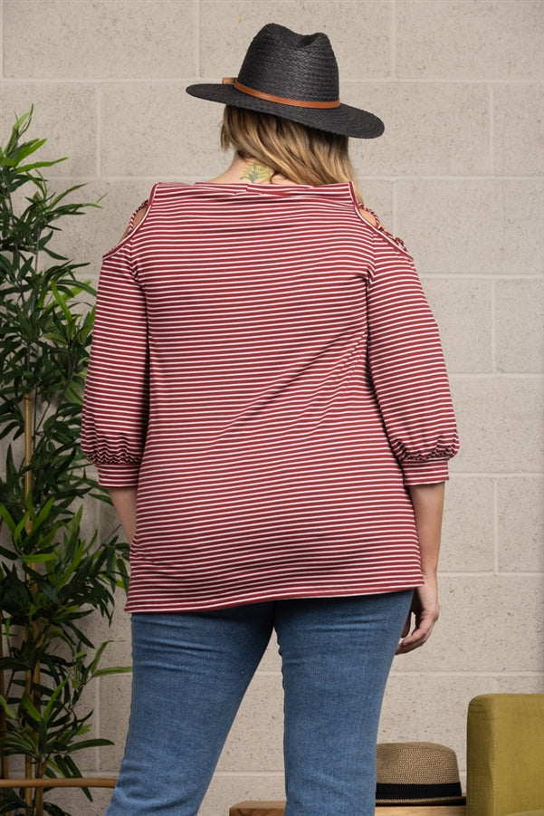 RED STRIPES COLD SHOULDER PLUS SIZE KNIT TOP-T3619