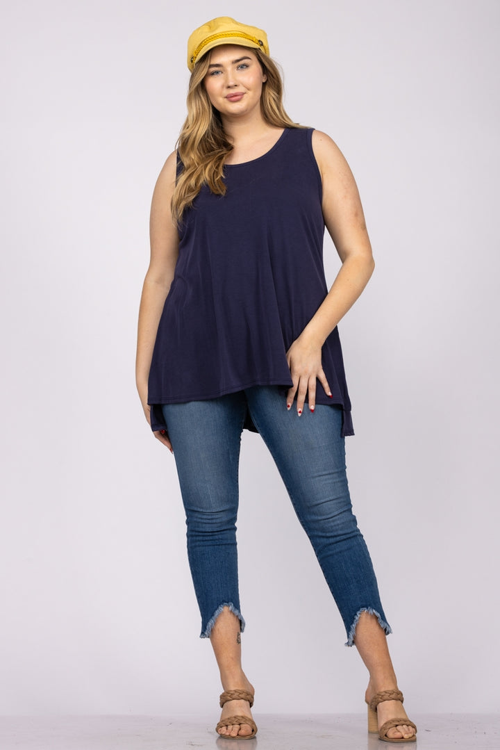 NAVY BLUE SLEEVELESS HI-LOW PLUS SIZE KNIT TOP-T3887X