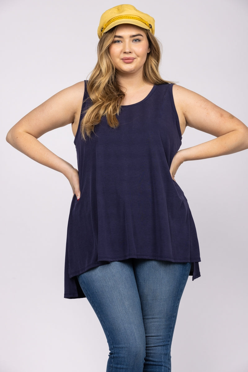 NAVY BLUE SLEEVELESS HI-LOW PLUS SIZE KNIT TOP-T3887X