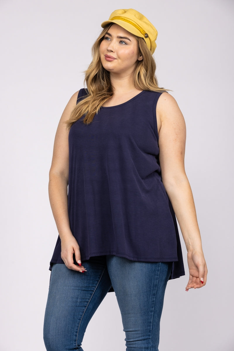 NAVY BLUE SLEEVELESS HI-LOW PLUS SIZE KNIT TOP-T3887X