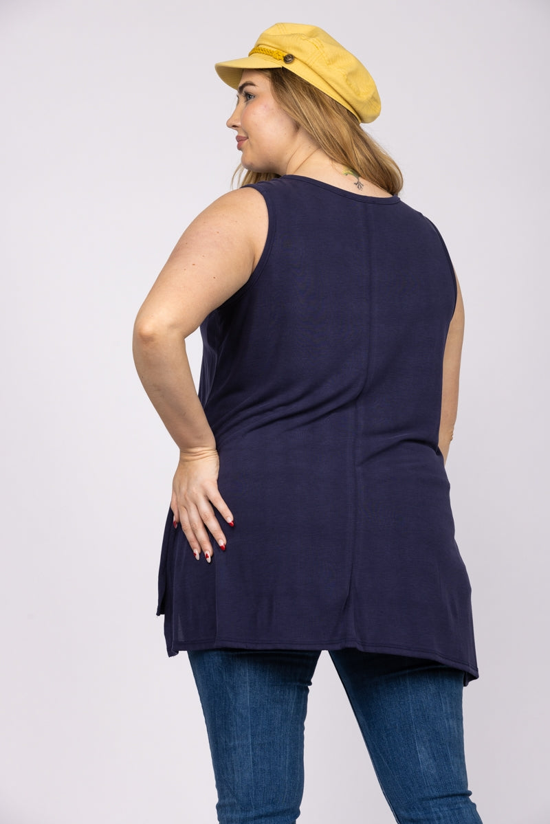 NAVY BLUE SLEEVELESS HI-LOW PLUS SIZE KNIT TOP-T3887X