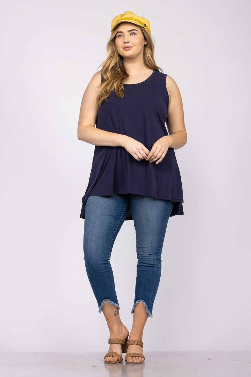 NAVY BLUE SLEEVELESS HI-LOW PLUS SIZE KNIT TOP-T3887X