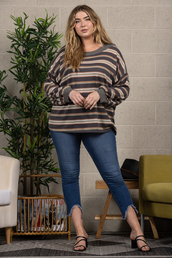 GREY STRIPES RIB STITCH CONTRAST PLUS SIZE TOP-TP1948X