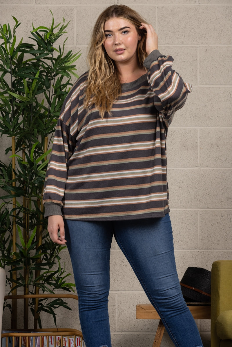 GREY STRIPES RIB STITCH CONTRAST PLUS SIZE TOP-TP1948X