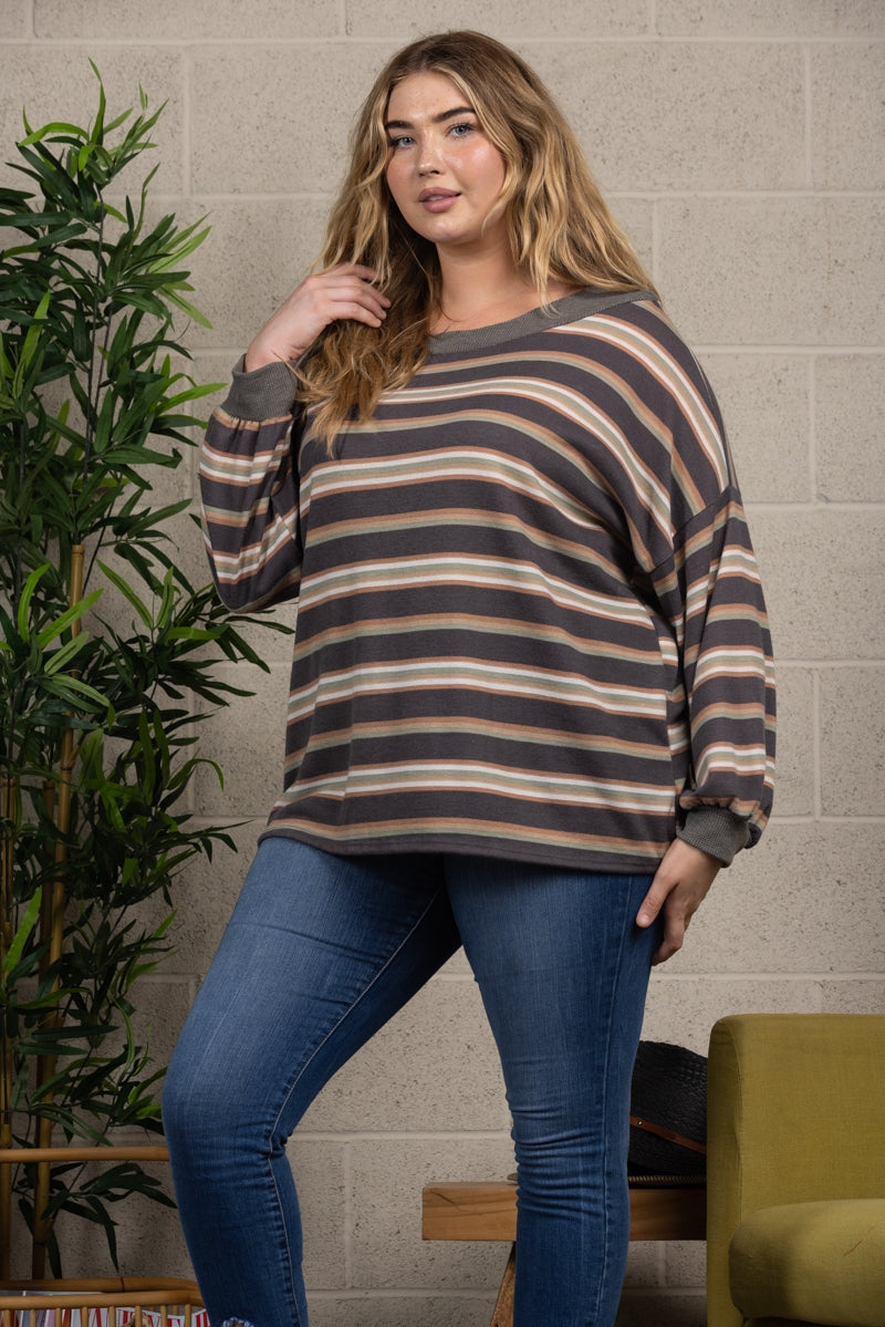 GREY STRIPES RIB STITCH CONTRAST PLUS SIZE TOP-TP1948X