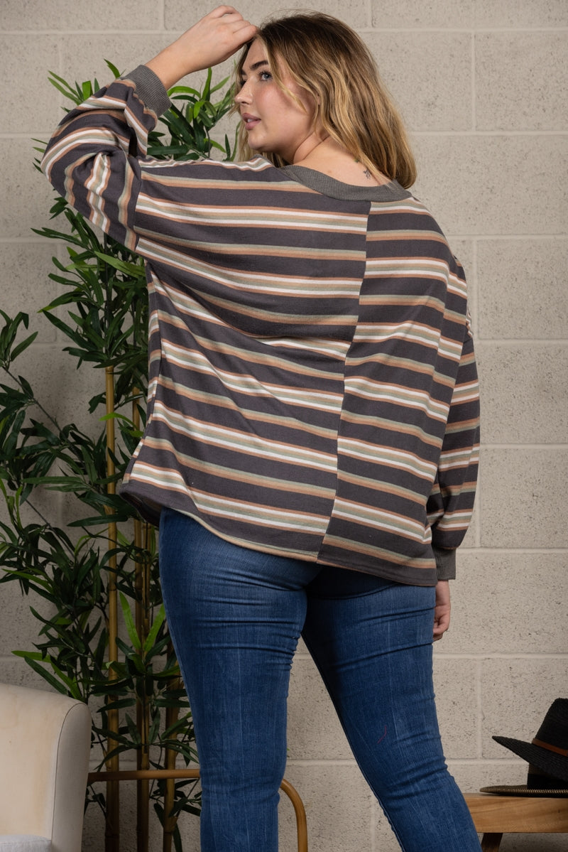 GREY STRIPES RIB STITCH CONTRAST PLUS SIZE TOP-TP1948X