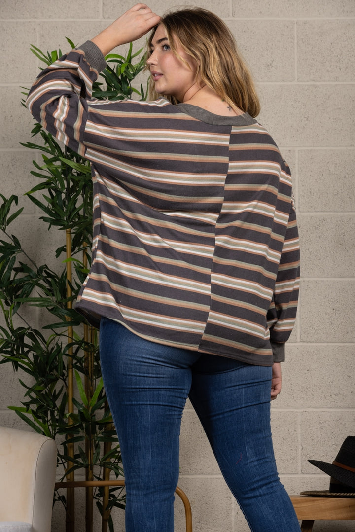 GREY STRIPES RIB STITCH CONTRAST PLUS SIZE TOP-TP1948X