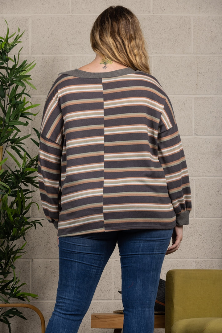 GREY STRIPES RIB STITCH CONTRAST PLUS SIZE TOP-TP1948X