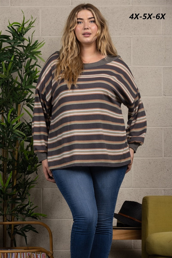 GREY STRIPES RIB STITCH CONTRAST PLUS SIZE TOP-TP1948X