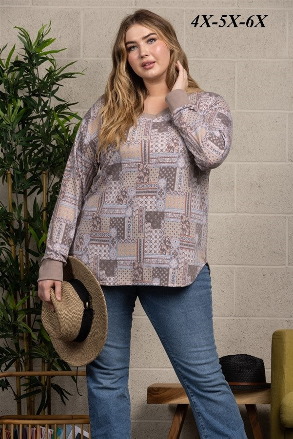 HAZELNUT MOROCCAN PATCH PRINT RIB STITCH CONTRAST KNIT PLUS SIZE TOP-TP1942X