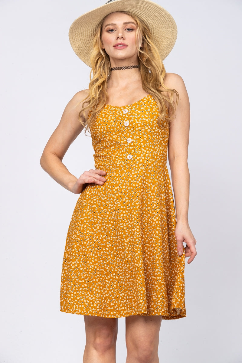 MUSTARD WHITE CALICO FLORAL SLEEVELESS MINI DRESS L3691